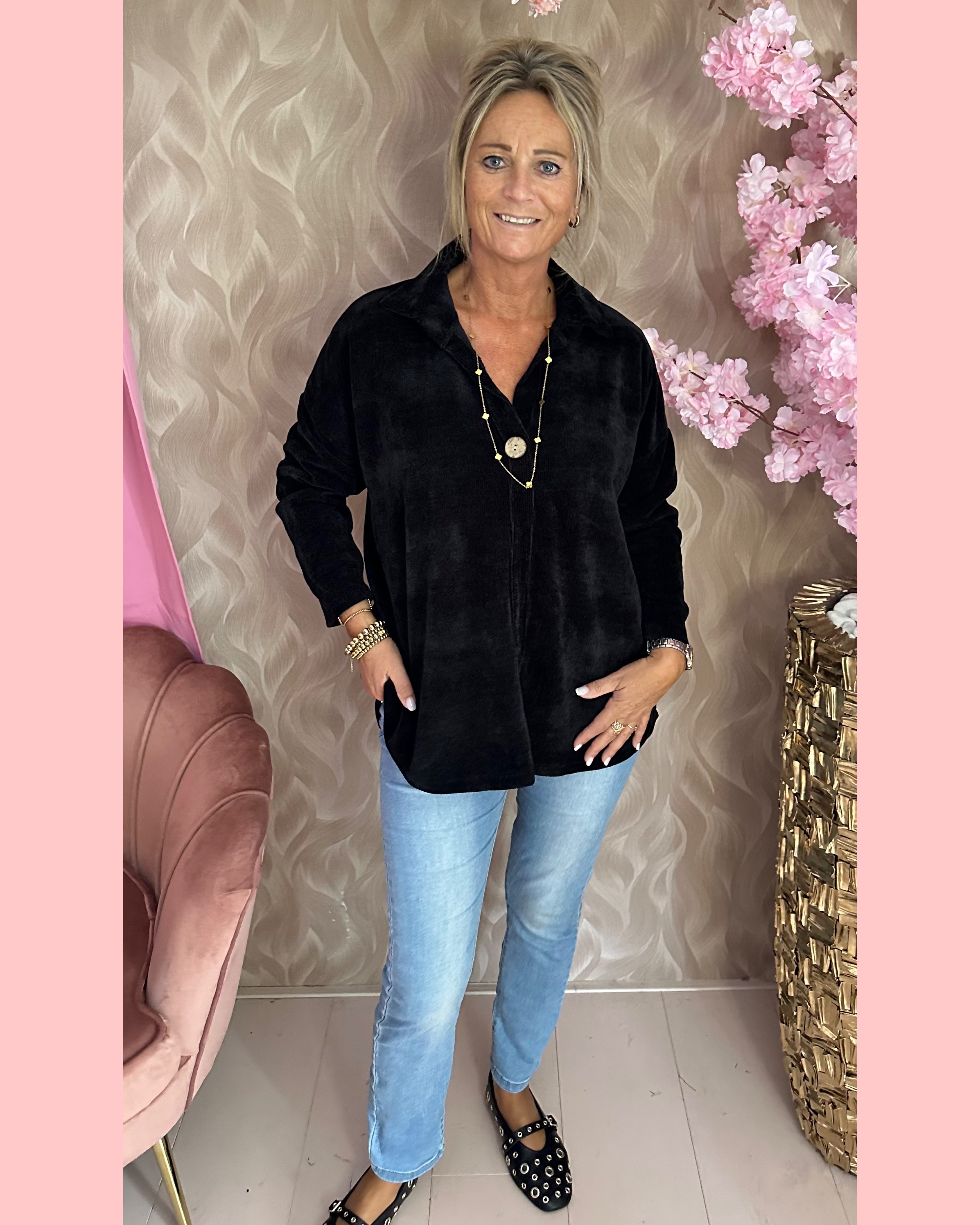 RIB FLUWEEL TOP ZWART • AANBIEDING