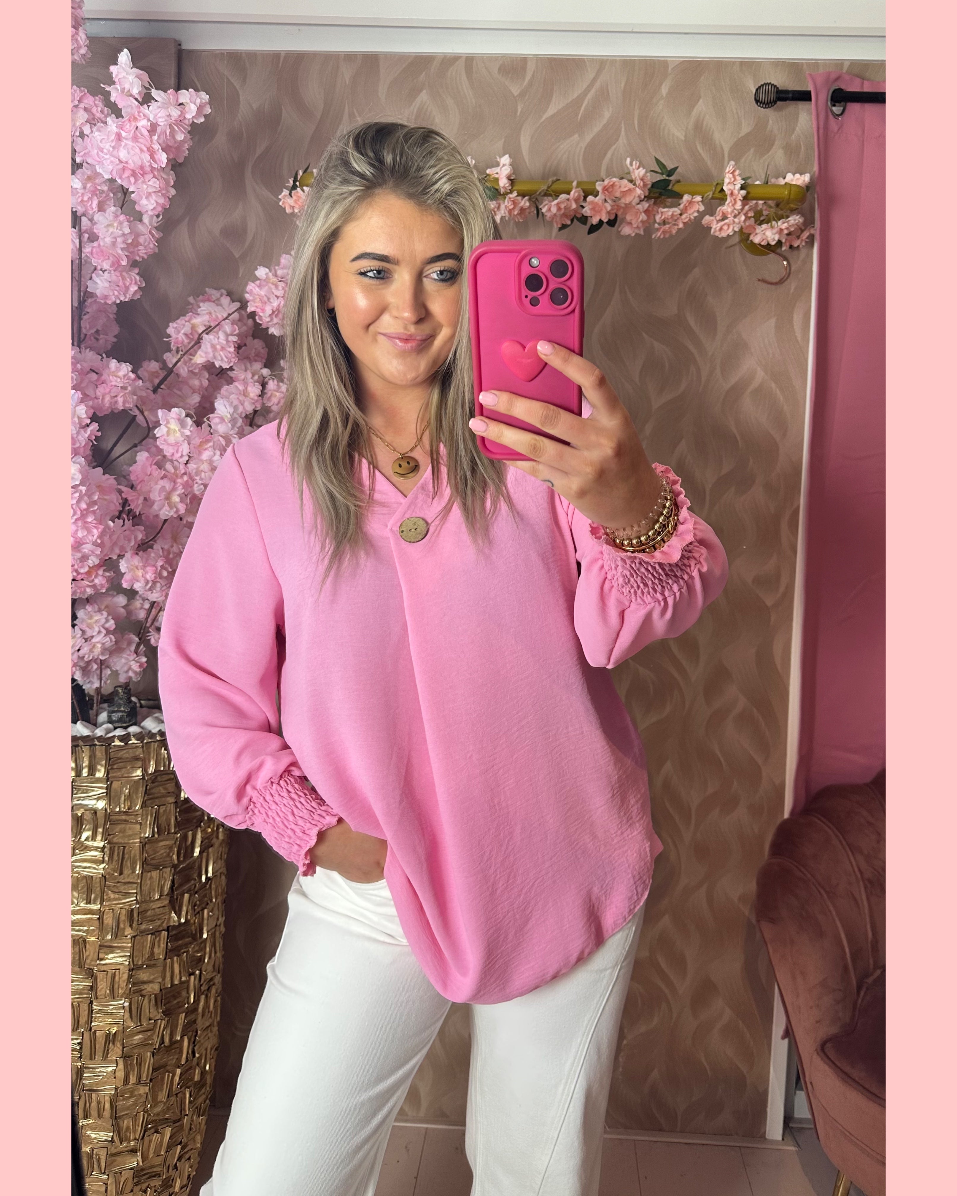 BLOUSE HOUTEN KNOOP ROZE •• AANBIEDING