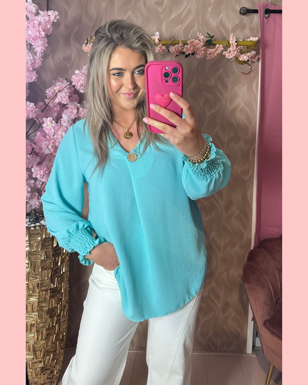 BLOUSE HOUTEN KNOOP AQUA •• AANBIEDING