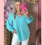 BLOUSE HOUTEN KNOOP AQUA •• AANBIEDING