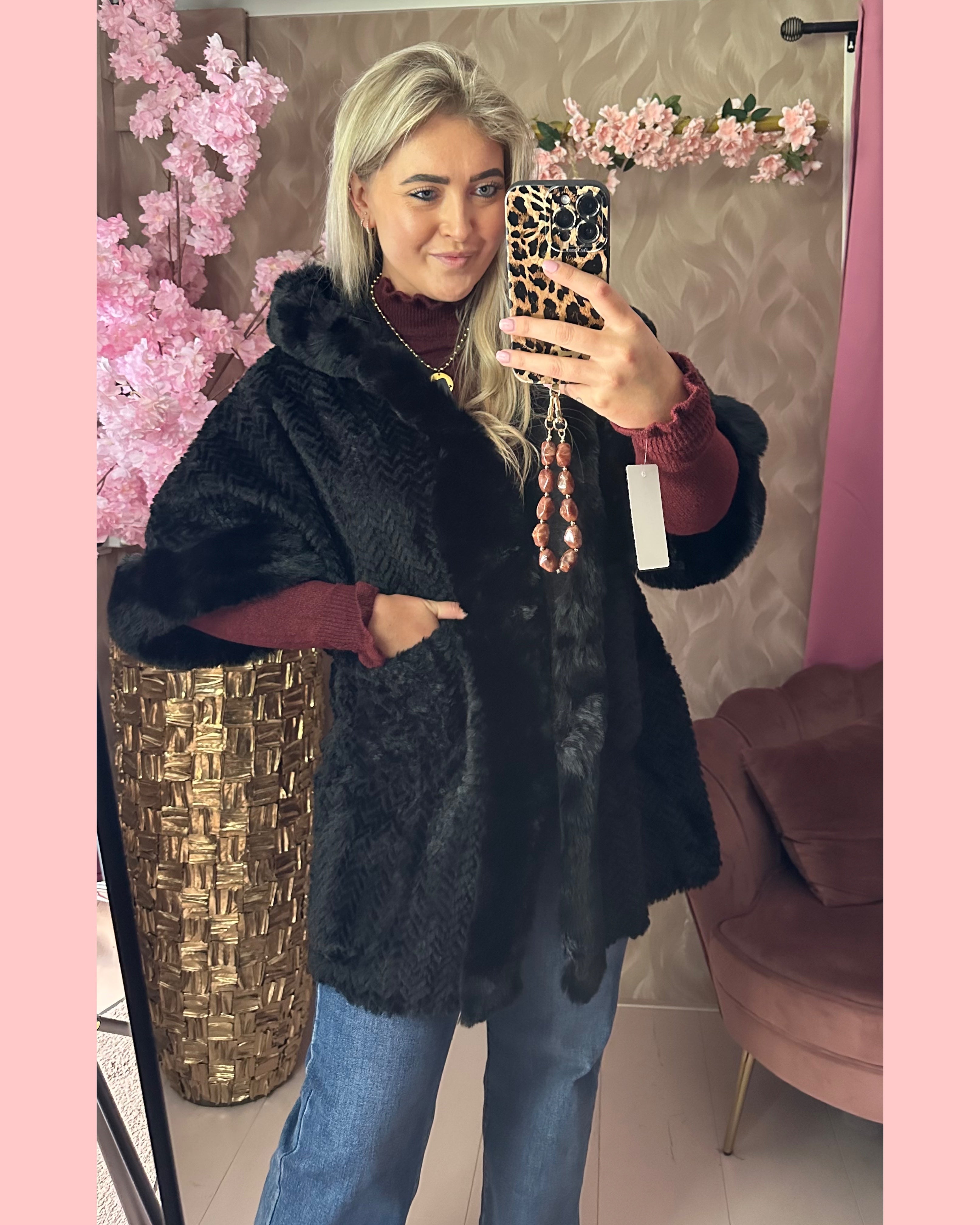 FAUX FUR COAT •• HOOD •• BLACK