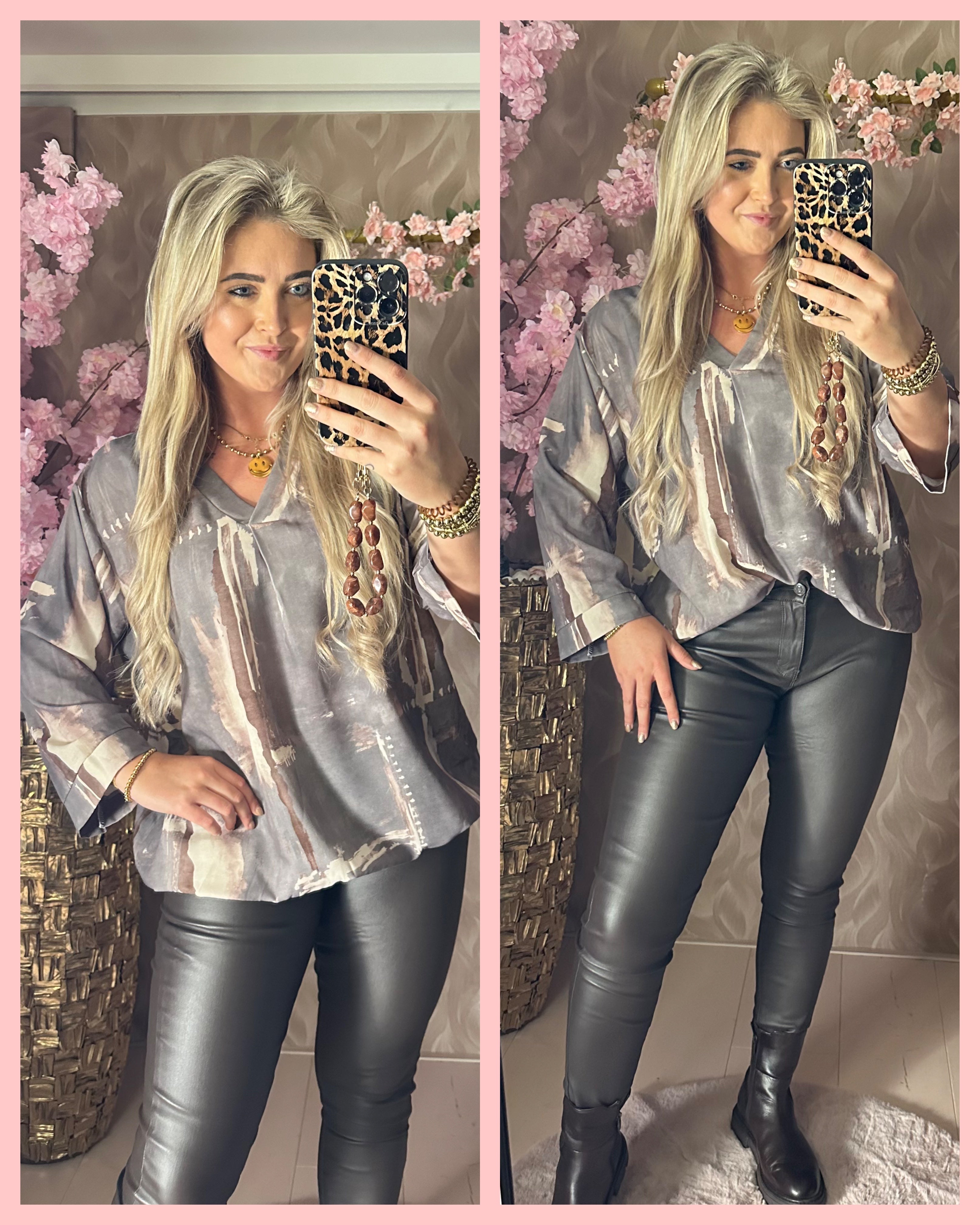 BALLON BLOUSE • V-HALS • GRIJS/BRUIN • 𝐀𝐀𝐍𝐁𝐈𝐄𝐃𝐈𝐍𝐆