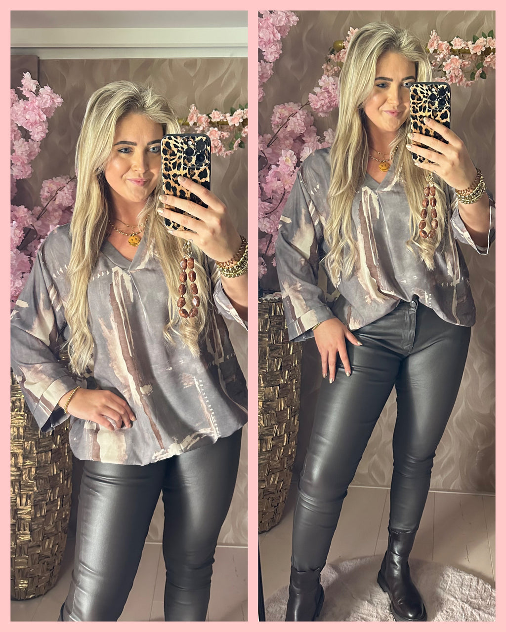 BALLON BLOUSE • V-HALS • GRIJS/BRUIN • 𝐀𝐀𝐍𝐁𝐈𝐄𝐃𝐈𝐍𝐆