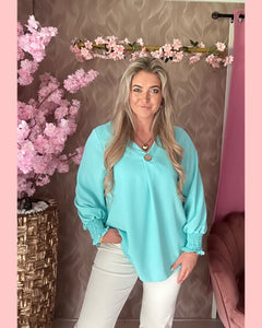 BLOUSE HOUTEN KNOOP AQUA •• AANBIEDING